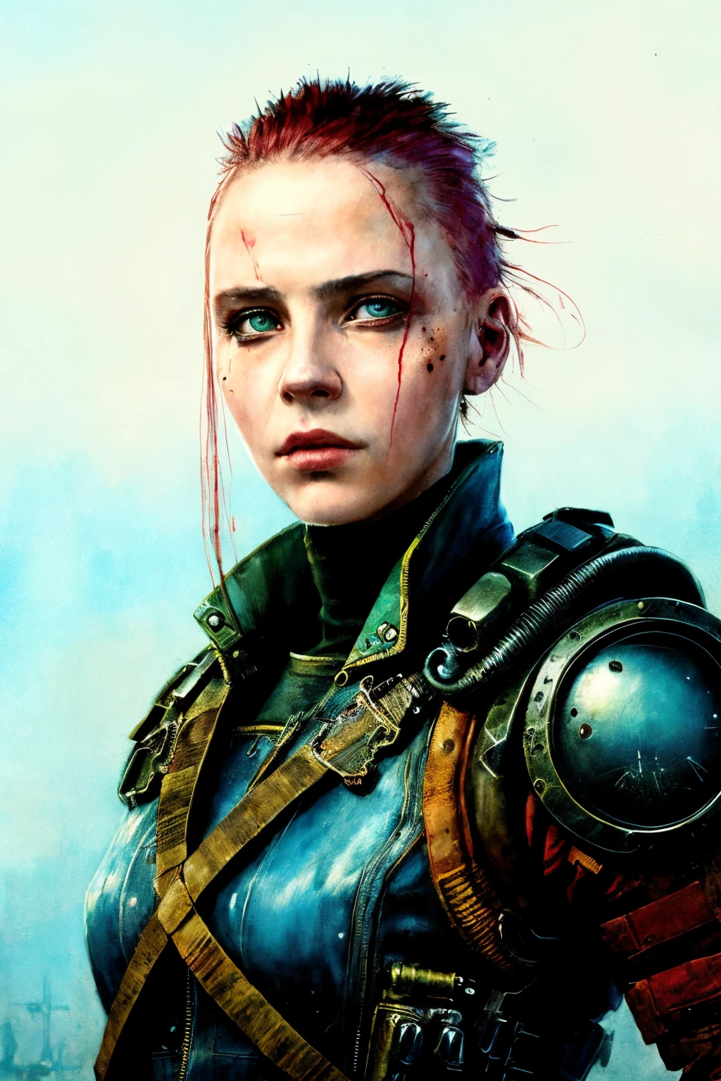 portrait ung woman ,science fiction, complex background punk, mad max , futuristic, post-apocalyptic
dark, dim light
( ink sketch by Enki Bilal)((masterpiece, best quality, )),