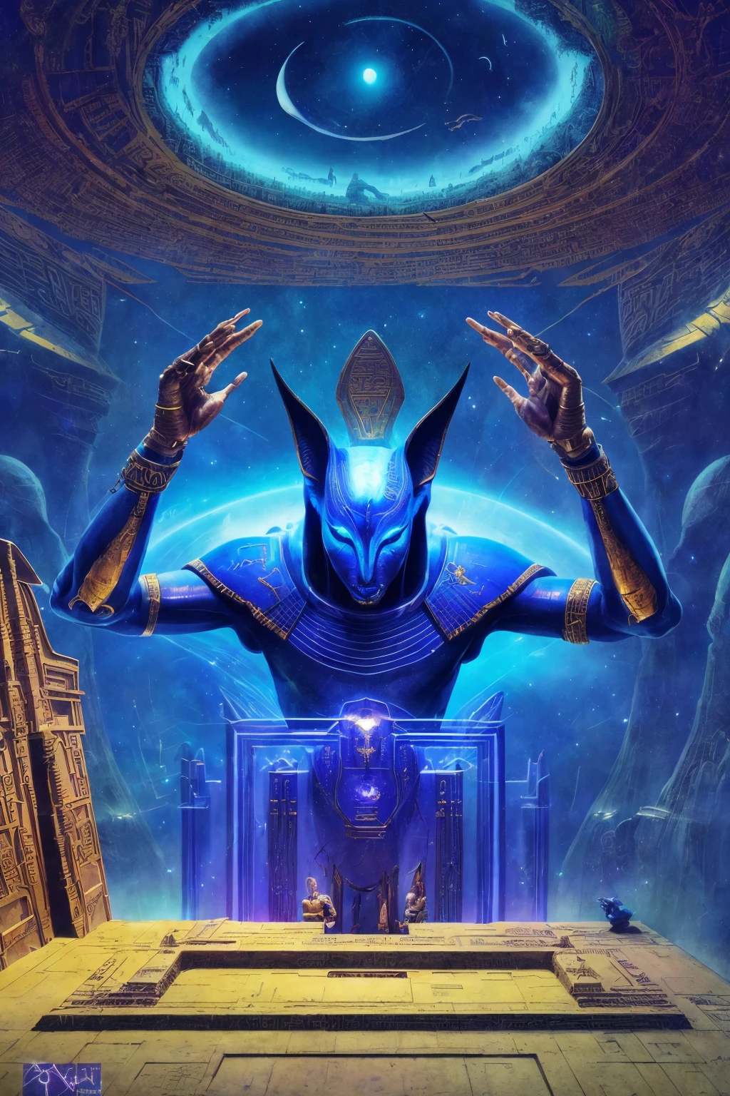 anubis, the god of funerary rites, protector of graves, and guide to the underworld
science fiction, complex background futuristic Egypt , spaceship , stargate
dark, dim light, realistic, photorealistic
( digital painting by Enki Bilal)((masterpiece, best quality, )),