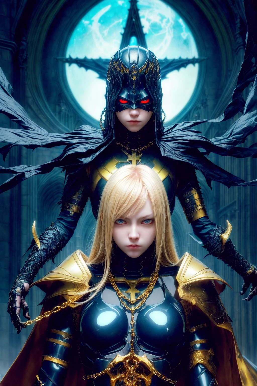 (1girl) (( dynamic pose )) ,pale skin, golden and obsidian chain armor , glowing eyes, rough texture,
gothic , cathedral, dark, dim light , glowing
best quality, masterpiece, realistic, photorealistic
high contrast, Walt Simonson Tsutomu Nihei
<lora:add_detail:1> <lora:epiNoiseoffset_v2:1>