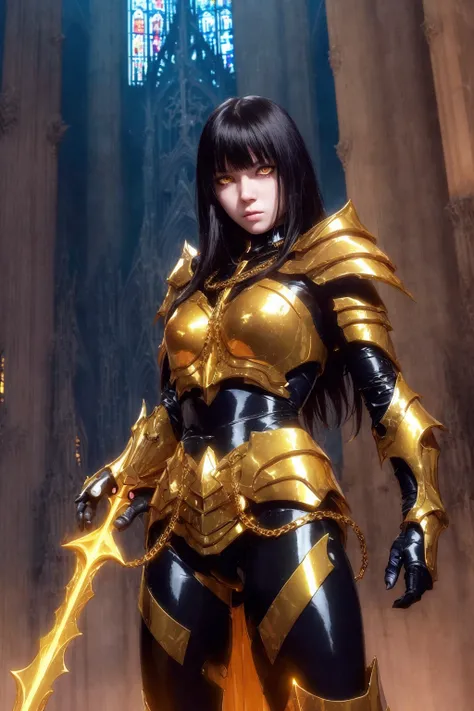 (1girl) (( dynamic pose )) ,pale skin, golden and obsidian chain armor , glowing eyes, rough texture,
gothic , cathedral, dark, dim light , glowing
best quality, masterpiece, realistic,
high contrast, Walt Simonson Tsutomu Nihei