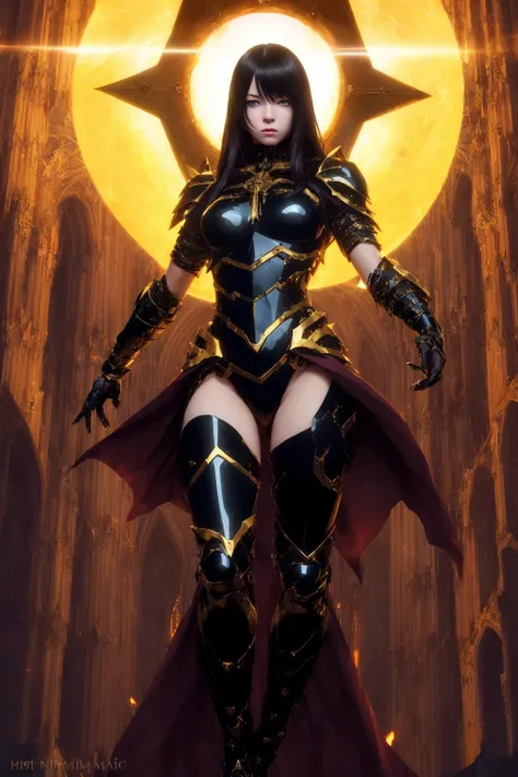 (1girl) (( dynamic pose )) ,pale skin, golden and obsidian chain armor , glowing eyes, rough texture,
gothic , cathedral, dark, dim light , glowing
best quality, masterpiece, realistic,
high contrast, Walt Simonson Tsutomu Nihei