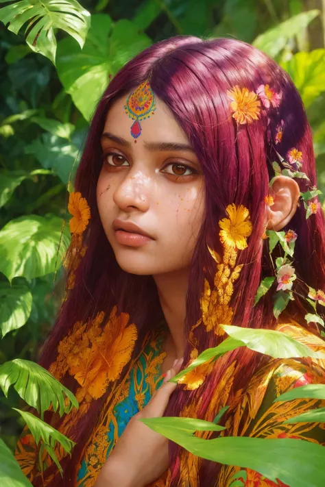 portrait of indian girl with multi color hair, in lush jungle with flowers,  (intricate details:1.12), (intricate details, hyperdetailed:1.15), (natural skin texture, hyperrealism, soft light, sharp:1.2), detailed, sunlight passing through foliage
(sketch by Ilya Kuvshinov and Scott Naismith)