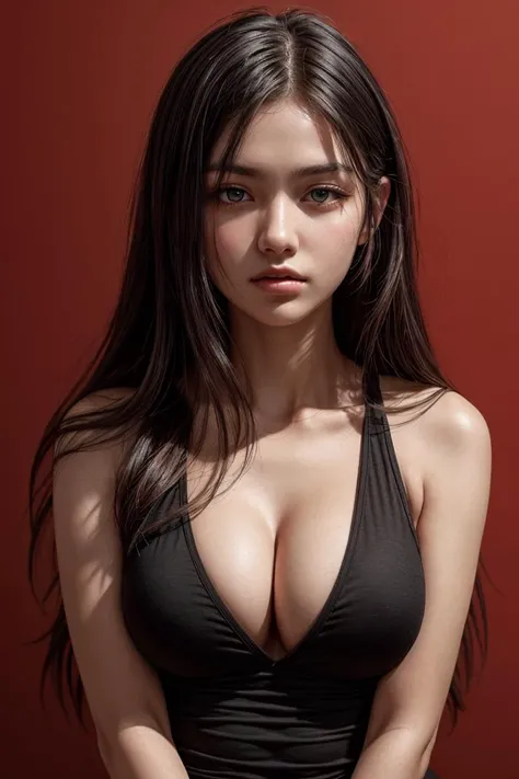 <lora:detailer:0.8> ,a 20 yo woman,long hair,dark theme, soothing tones, muted colors, high contrast, cleavage sleeveless shirt, (natural skin texture, hyperrealism, soft light, sharp),red background,simple background