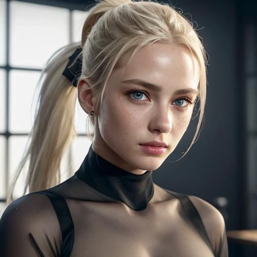 <lora:detailer:0.8> ,(8k, RAW photo, highest quality),(epic realistic:1.5), a girl, dynamic posture,erotic face, black see-through shirt, (detailed eyes:0.8), intimate, (looking at the camera:1.4), (highest quality), (best shadow),intricate details,cinematic,((skin:1.4)),interior, (long ponytail blonde hair:1.3),dark studio,(hdr:1.5),detailed, muted colors, (freckles:0.6)