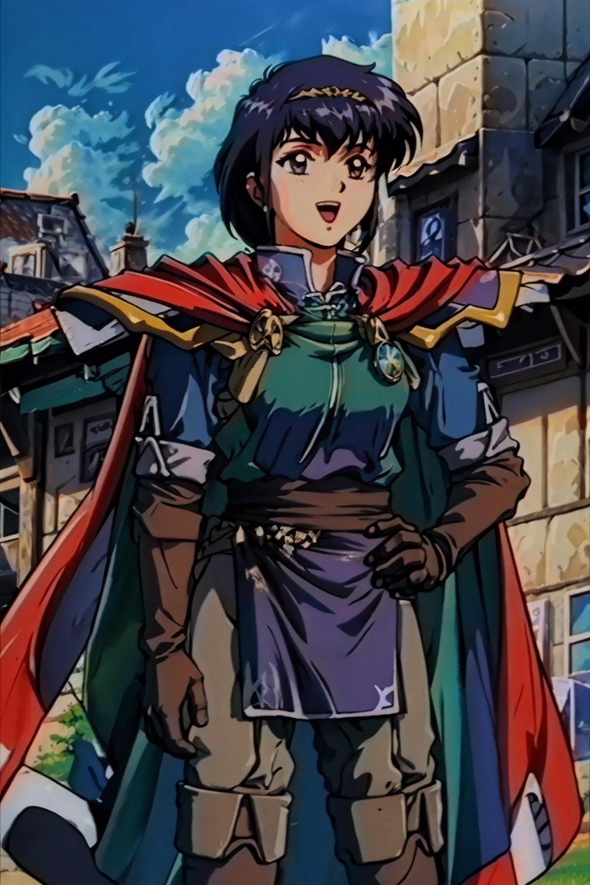 masterpiece, best quality, <lora:Feovatest2:1> <lora:olwen-nvwls-v1-final:1> olwen, red cape, purple dress, sash, brown gloves, standing, upper body, smile, :D, clouds, sky, field