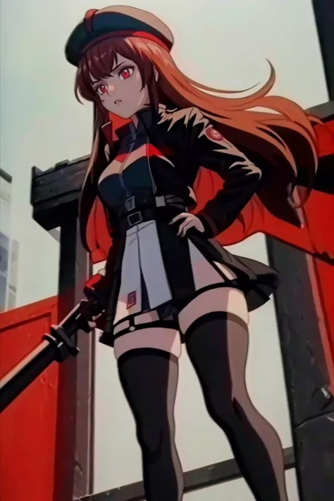 masterpiece, best quality, 1girl, solo, standing, <lora:Feovatest2:0.9> <lora:rapi-nikke-richy-v1:1> rapidef, red eyes, hat, skirt, side slit, thigh highs, jacket