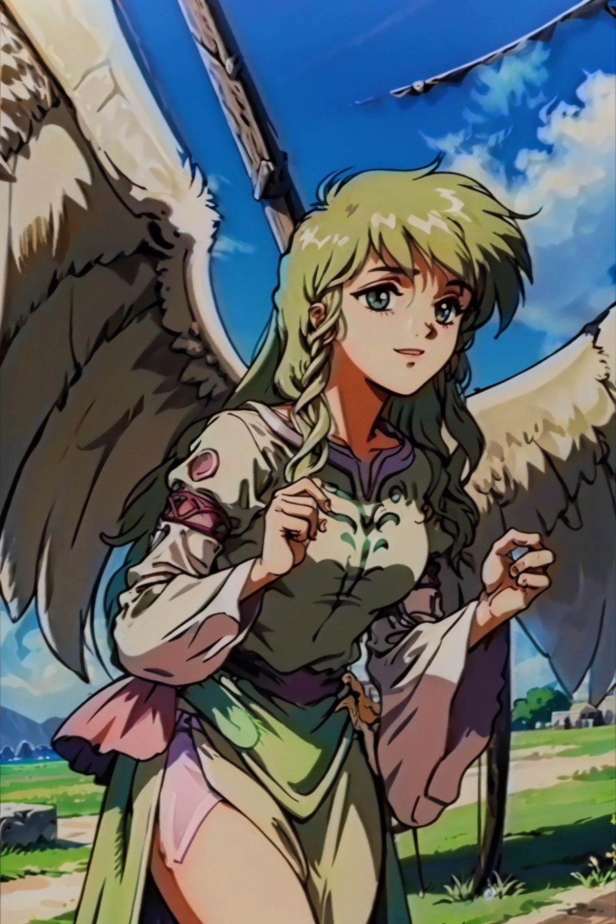 masterpiece, best quality, <lora:Feovatest2:1> <lora:leanne-nvwls-v1-final:1> leanne, wings, long white dress, pink trim, sky, blue sky, clouds, smile