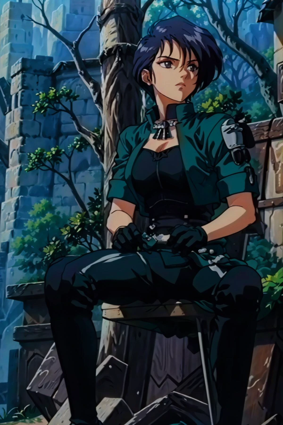 masterpiece, best quality, <lora:Feovatest2:1> <lora:shamir-nvwls-v3-final:1> defShamir, collar, shoulder pad, black shirt, black gloves, bodice, green jacket, green belt, black pants, green boots, forest, darkness, night, sitting, serious, tree stump