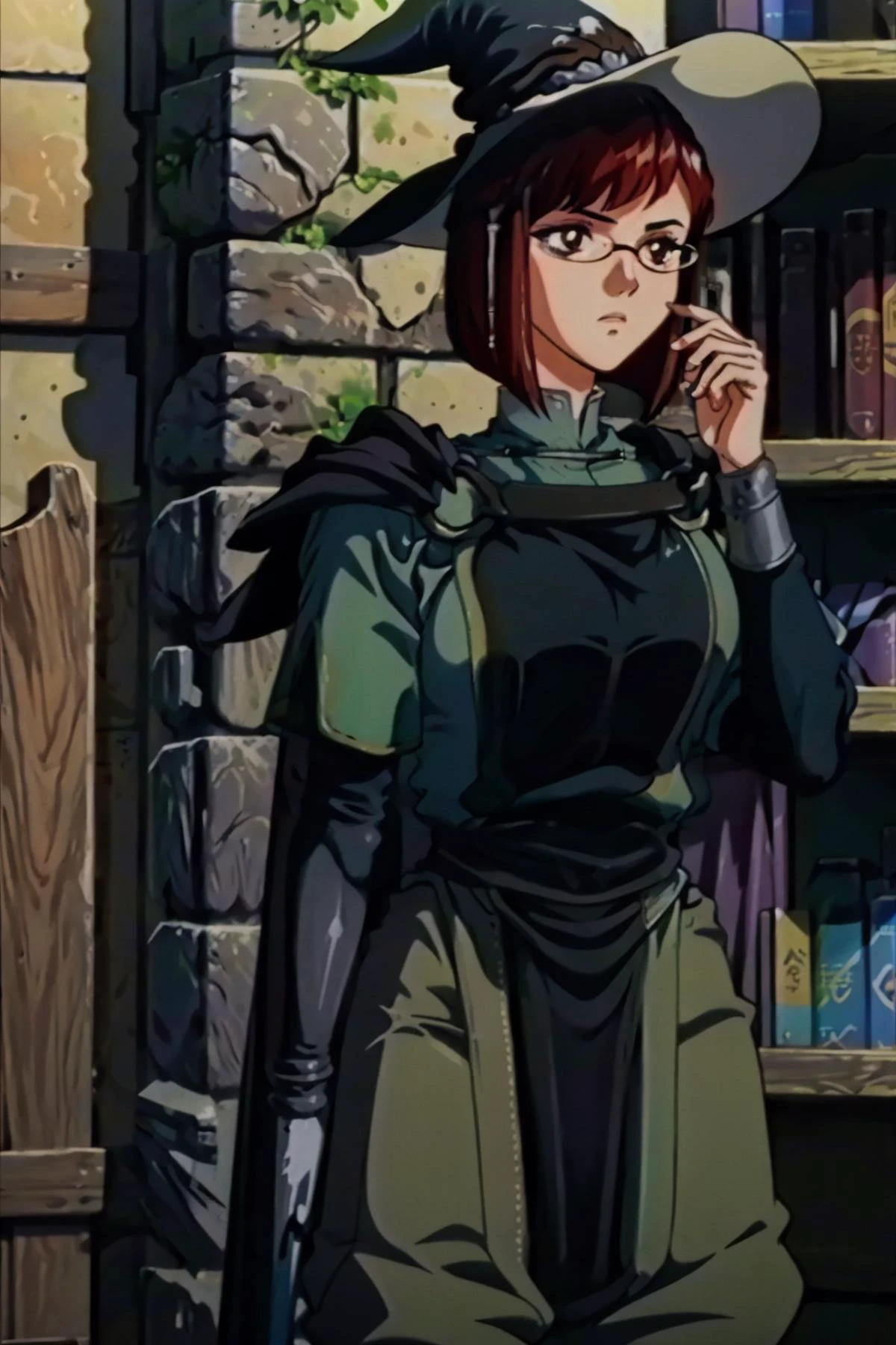 masterpiece, best quality, <lora:Feovatest2:1> <lora:miriel-nvwls-v1-final:1> miriel, glasses, cape, black robe, tabard, witch's hat, brown pants, library, cowboy shot, emotionless, large breasts