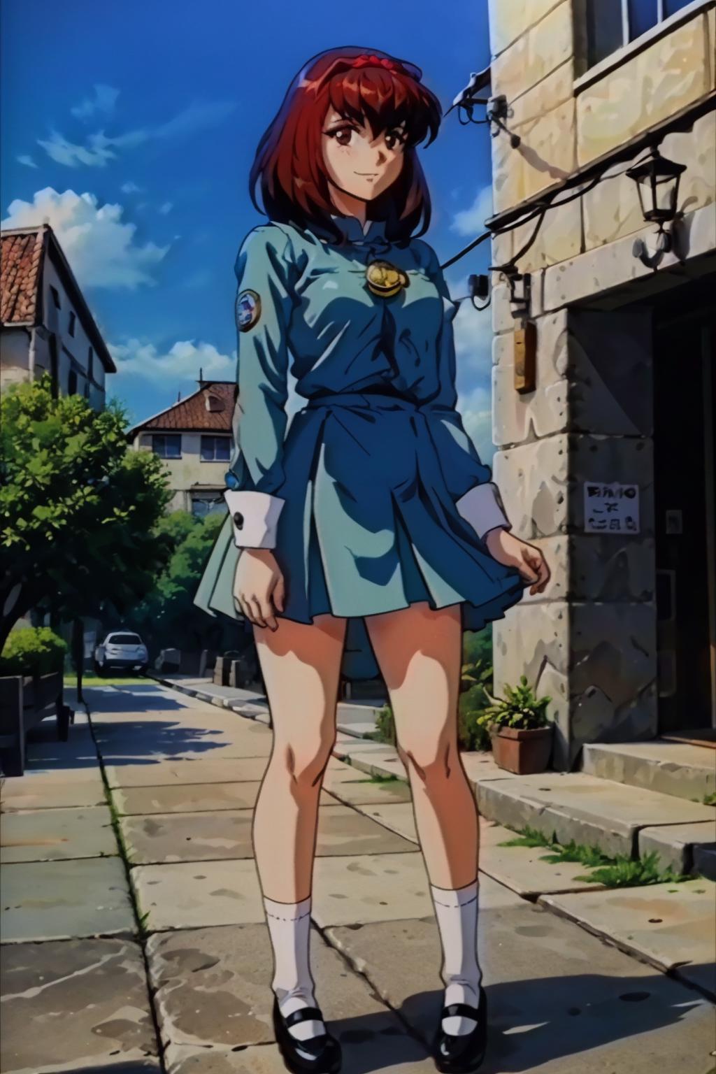 Anime girl in short skirt and blue shirt standing on sidewalk - SeaArt AI