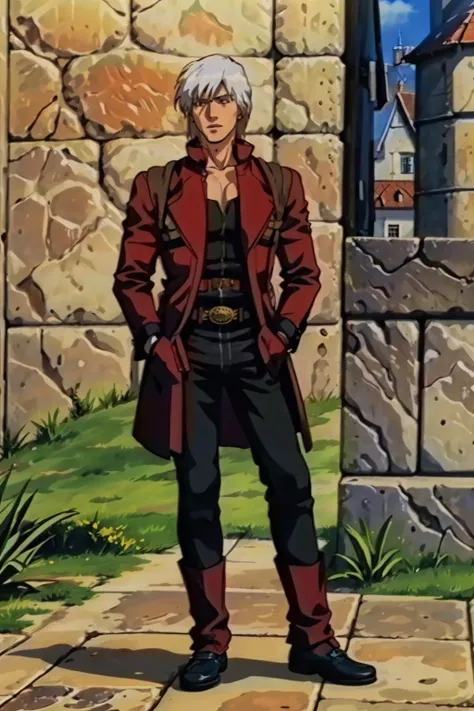 <lora:dmc_dante-09:1> dante, white hair, open clothes, coat, fingerless gloves, belt
masterpiece, best quality, absurdres, <lora:Feovatest2:1>, 1boy, solo, gothic castle, gothic architecture, hands in pockets