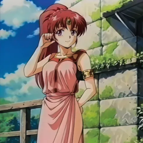 1girl, solo, looking at viewer, smile, <lora:Feovatest2:1>, <lora:Linde:1>, pink dress, ponytail, circlet, default outfit