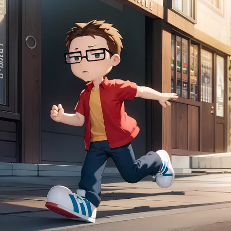 ((masterpiece, best quality)),(complex lighting), 1boy,full body,solo, Steve smith, <lora:SteveSmith1-10:0.6>,glasses, red jacket, short sleeves jacket, shirt, open clothes, simple background, black eyes, cleft chin,running,