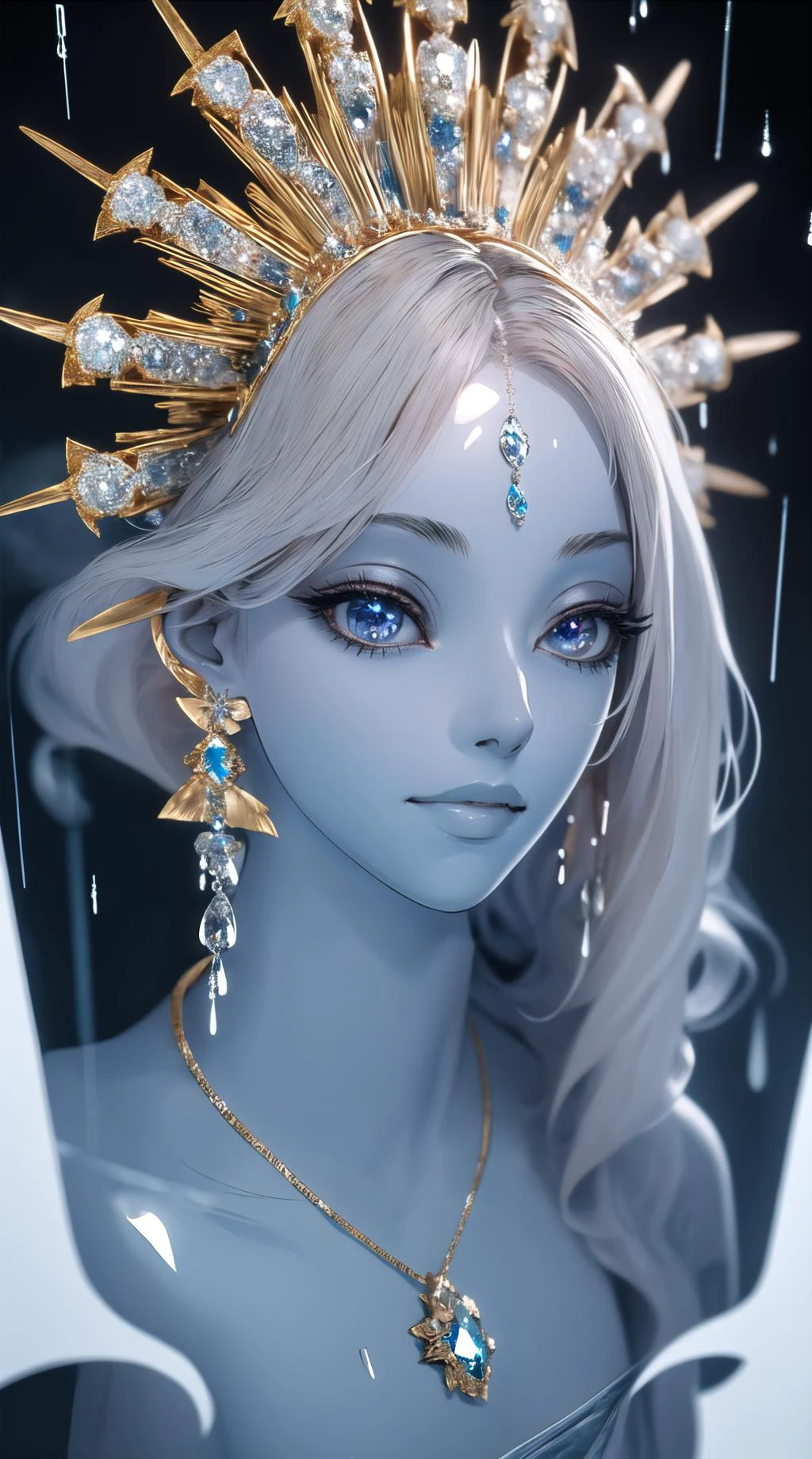 full display of baroque style jewelry design, a pair of earrings, blue gemstones, diamonds, highly detailed vray render, flash, high quality, 18k, holo, (static electricity:1.3), (rain:1.2),
<lora:HaloCrown:1>, halocro, light smile,