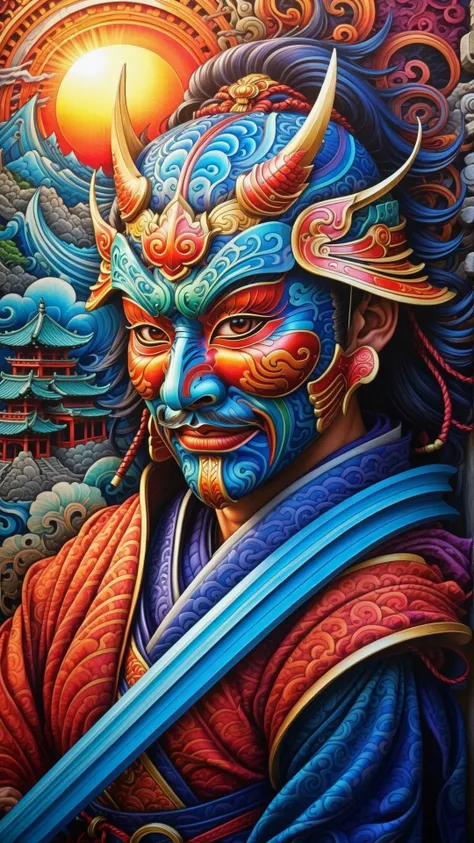 breathtaking (looking at viewer:1.3), (Samurai Warrior Mask:1.1) (Samurai Warrior Mask portrait:1.2), Japanese cityscape background, light rays, backlit, vivid colors, vibrant colors, intricate details, intricate line drawing, masterpiece <lora:zenodoXL:.6> <lora:add_detail:0.5>, masterpiece, award-winning, professional, highly detailed