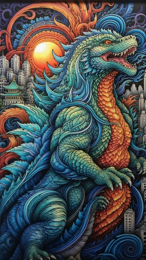 breathtaking (Godzilla in Tokyo:1.2), (Japanese cityscape background:1.2), light rays, backlit, vivid colors, vibrant colors, intricate details, intricate line drawing, masterpiece, UtagawaKuniyoshiXL <lora:zenodoXL:.6> <lora:add_detail:0.5> <lora:UtagawaKuniyoshiXL_v1:0.5>, masterpiece, award-winning, professional, highly detailed