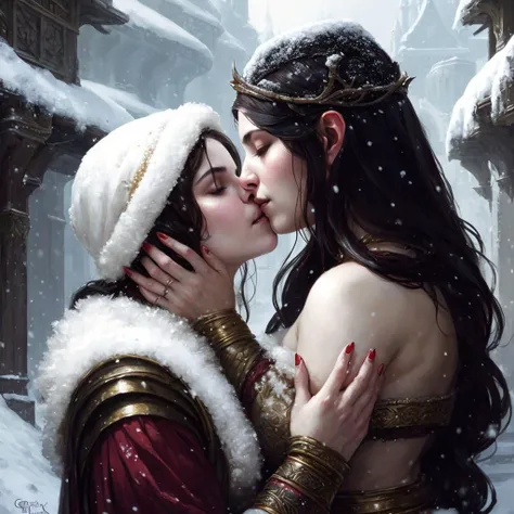 a detailed fantasy digital painting portraying a curvaceous dwarven woman lovingly kissing snow white amidst a lesbian romance scene, by greg rutkowski.