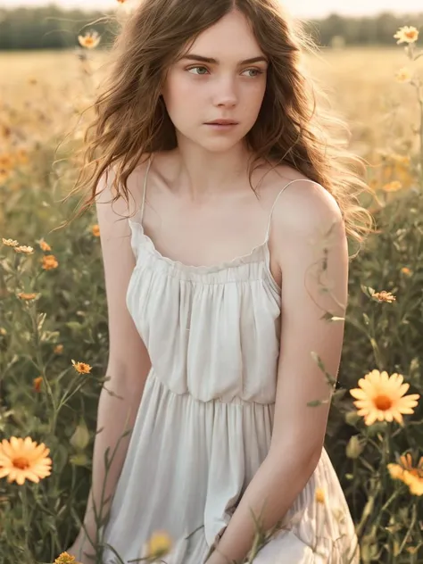 A radiant photo-shoot episode by Julia Trotti, with an interplay of a winsome Elena, basking in the sunshine in an open field, featuring gentle eyes capturing the ambient light, tousled hair reflecting the warmth of the sun, and a relaxed posture seen in the slightly slouched shoulders, all amplified by a casual, flowing sundress.