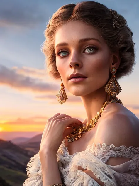 A radiant photo-shoot episode by nicholas roemmelt, with an interplay of a charming Alina, watching a stunning sunset from a scenic hilltop, featuring piercing eyes focused intently on the horizon, fine lips slightly parted as if in awe, and ornate vintage earrings that dangle gracefully, all highlighted by an intricate lace shawl draped over the shoulders.