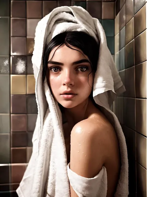 A radiant photo-shoot episode by Julia Trotti, with an interplay of an enticing lady, drying ebony hair in a cozy bathroom, featuring focused eyes set under well-defined eyebrows, ebony hair damp over bare shoulders, a cute nose aligning with full lips, and a white towel wrapping moist skin.