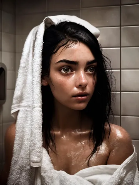 A radiant photo-shoot episode by Julia Trotti, with an interplay of an enticing lady, drying ebony hair in a cozy bathroom, featuring focused eyes set under well-defined eyebrows, ebony hair damp over bare shoulders, a cute nose aligning with full lips, and a white towel wrapping moist skin.