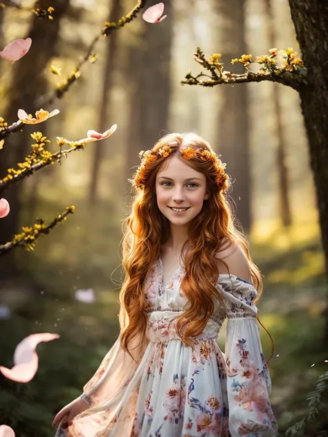 A radiant photo-shoot episode by viktoria haack, with an interplay of an enticing Emma, scattering flower petals at a forest clearing, featuring a flowing floral-patterned dress, a teasing smile framed by amber hair, and eyes mirroring the soft light of the spring afternoon.