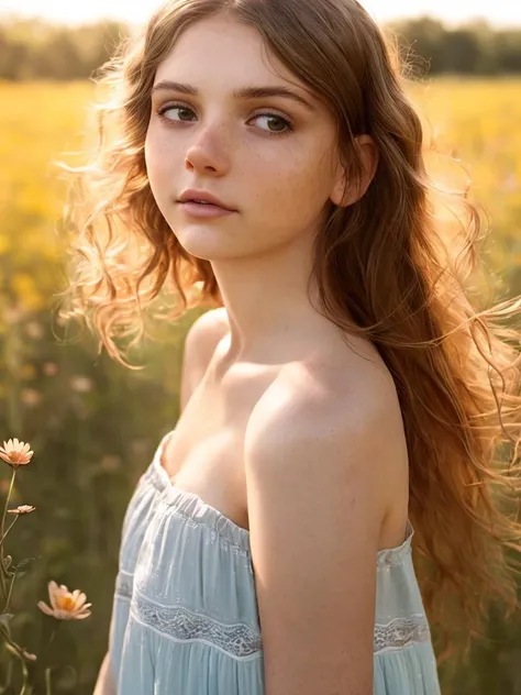 A radiant photo-shoot episode by Julia Trotti, with an interplay of a winsome Elena, basking in the sunshine in an open field, featuring gentle eyes capturing the ambient light, tousled hair reflecting the warmth of the sun, and a relaxed posture seen in the slightly slouched shoulders, all amplified by a casual, flowing sundress.