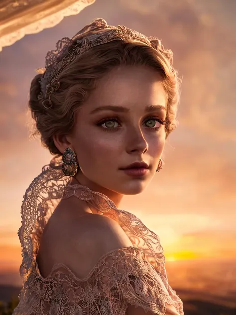 A radiant photo-shoot episode by nicholas roemmelt, with an interplay of a charming Alina, watching a stunning sunset from a scenic hilltop, featuring piercing eyes focused intently on the horizon, fine lips slightly parted as if in awe, and ornate vintage earrings that dangle gracefully, all highlighted by an intricate lace shawl draped over the shoulders.