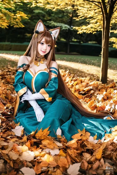 A photo-shoot episode, with an interplay of a winsome lady, diving into a pile of leaves, featuring Miss_Hina, refreshed eyes complimenting a blissful smile, brown long hair, animal ears, a long green dress accentuating a deep decolletage, detached sleeves, bare shoulders, and black gloves. <lora:Miss_Hina:0.5>