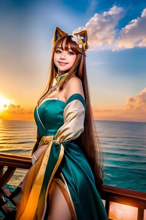 A photo-shoot episode, with an interplay of a winsome lady, watching the sunset over the ocean, featuring Miss_Hina, refreshed eyes complimenting a blissful smile, brown long hair, animal ears, a long green dress accentuating a deep decolletage, detached sleeves, bare shoulders, and black gloves. <lora:Miss_Hina:0.5>