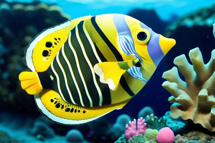 A photo-shoot episode by Cristina Mittermeier, presents a Butterflyfish investigating a sea sponge, featuring prominent dorsal fins protruding upwards, a snout extended towards the sponge, and scales exhibiting intricate patterns.
