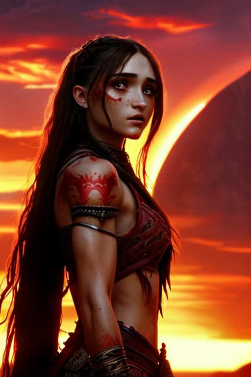 a film still depicting a woman looking like GabiG9_100 standing victorious in a barbarian style, crimson sun sank below the horizon, casting the scene in a blood-red glow.