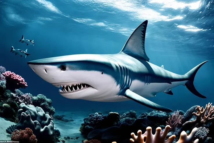 A photo-shoot episode by cristina mittermeier, presents a big blue shark amidst dazzling reef coral formations, featuring a hydrodynamic form accentuating sleek fins, contoured gills, and sharp teeth set in a powerful jaw.