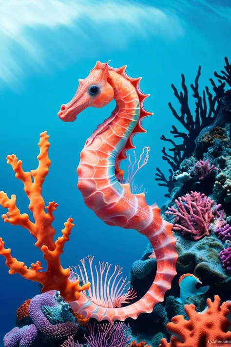 A photo-shoot episode by Cristina Mittermeier, presents a seahorse anchored to vibrant coral, featuring a delicately curved tail wrapped around a coral, fine gills moving rhythmically with the current, translucent fins poised for subtle movement, and an intricately patterned body blending seamlessly with the surrounding sea flora.