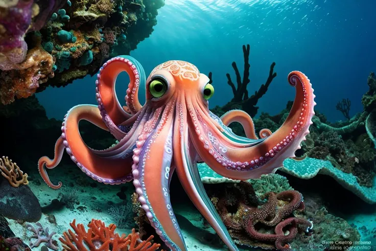 A photo-shoot episode by Cristina Mittermeier, presents an octopus fluidly navigating through coral structures, featuring suckers clinging to a rocky substrate, mantle expanded, eyes recessed, and tentacles intricately folded against the aquatic terrain.