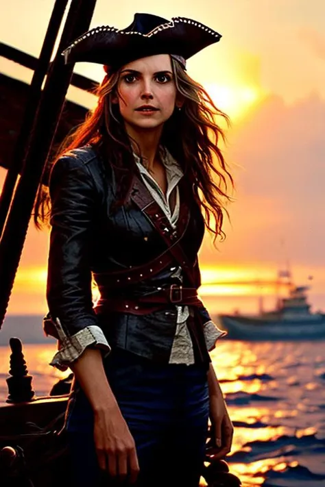 a film still depicting  a woman looking like Larne4 poised against a pirate ship, crimson sun sank below the horizon.