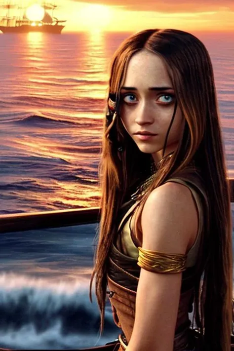 a film still depicting  a woman looking like GabiG9_1000 admist a pirate ship, crimson sun sank below the horizon.