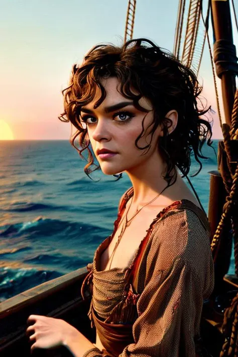 a film still depicting  a woman looking like Emel32 poised against a pirate ship, crimson sun sank below the horizon.