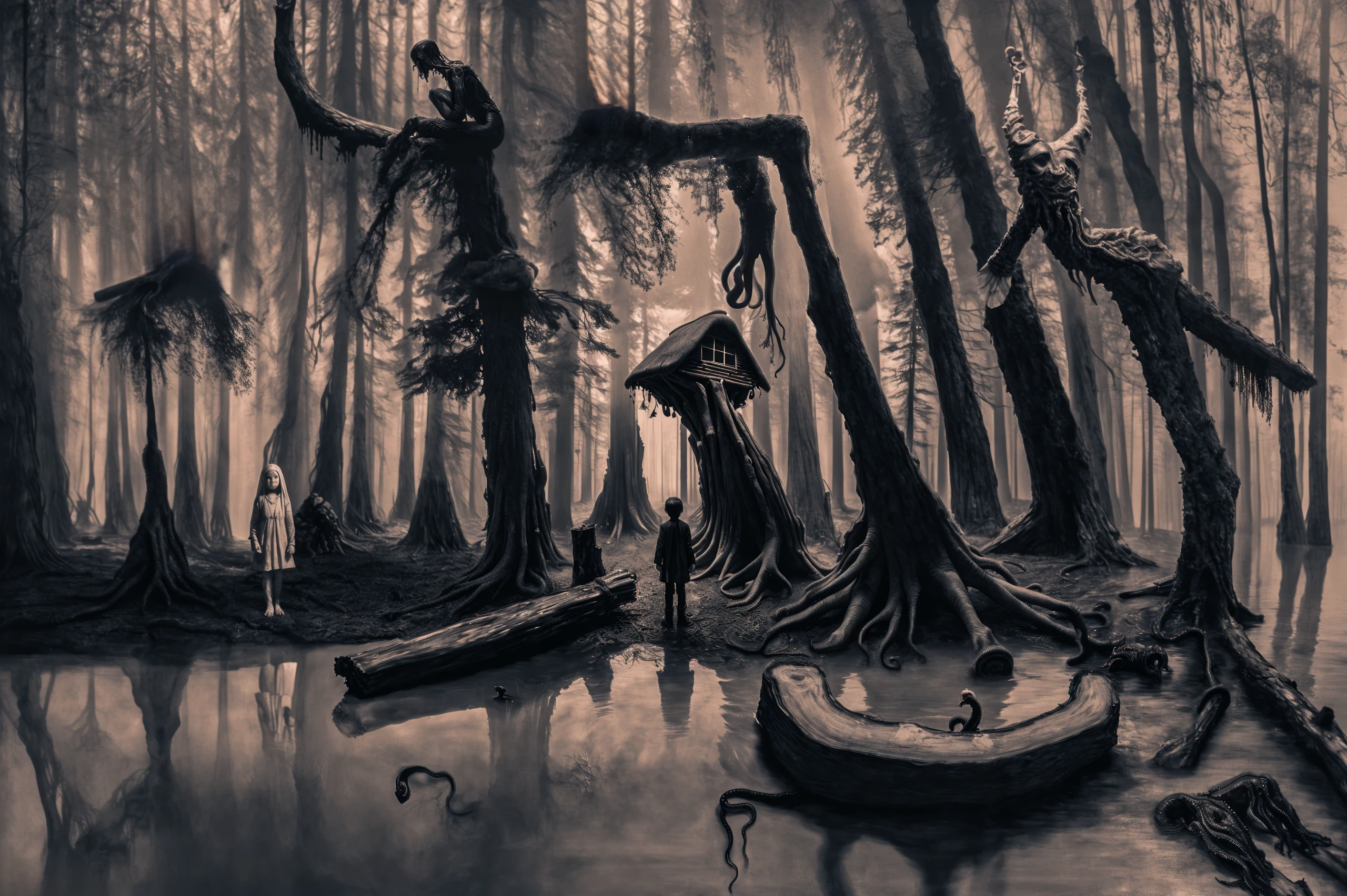 Tranquil Relaxing Atmosphere, (a 's shadow in a Lovecraftian horror forest:1.4), idiosyncrasy out in the wild, (in front of | hybrid of log hut and chicken legs:1.4), action-packed, masterpiece, best quality, epic, hyperdetailed, rim light, scary, grim, dark theme, by Dan Rickwood, art by David Palumbo, art by Nicola Samori, art by Ben Templesmith, calming style, soothing colors, peaceful, idealic
