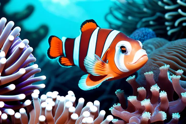 A photo-shoot episode by Cristina Mittermeier, presents a Clownfish weaving through anemone tentacles, featuring distinctive markings, dorsal and pelvic fins angled for stability, and body nestled amidst the vertical tentacles of the anemone.