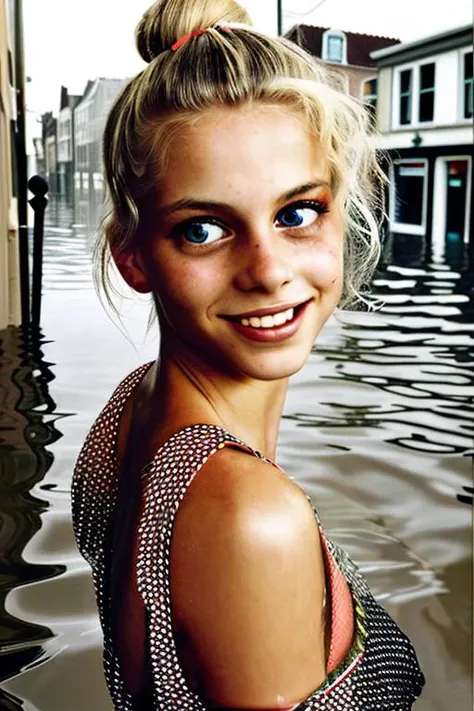 an expert photograph by barbara kruger of a dutch woman with a immature face and Platinum blonde High bun hair at a flooded city street, Quizzical, An enticing woman looking like TheJulM1, poised against a scenic setting, is portrayed in an overexposed photograph, featuring apparel by by Innocent Clothing, and twinkling eyes complimenting a playful smile.