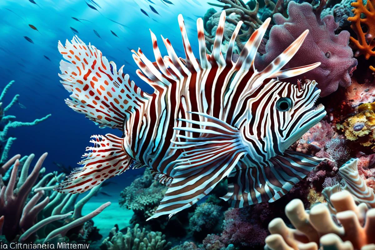 A photo-shoot episode by Cristina Mittermeier, presents a lionfish within a vibrant coral reef, featuring fin rays elegantly fanned out, barbed spines ready for defense, mesmerizing stripes harmonizing with coral textures, and keen eyes surveying the surroundings with acute focus.