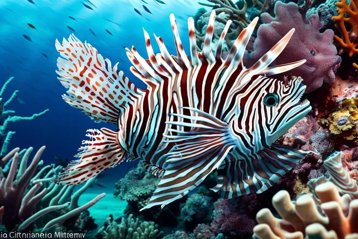 A photo-shoot episode by Cristina Mittermeier, presents a lionfish within a vibrant coral reef, featuring fin rays elegantly fanned out, barbed spines ready for defense, mesmerizing stripes harmonizing with coral textures, and keen eyes surveying the surroundings with acute focus.