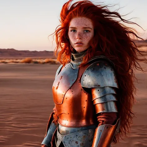 photo of a young woman with freckles and a red-haired mane, wearing a copper armor at a desolate desert, captured by kristin-lee moolman.