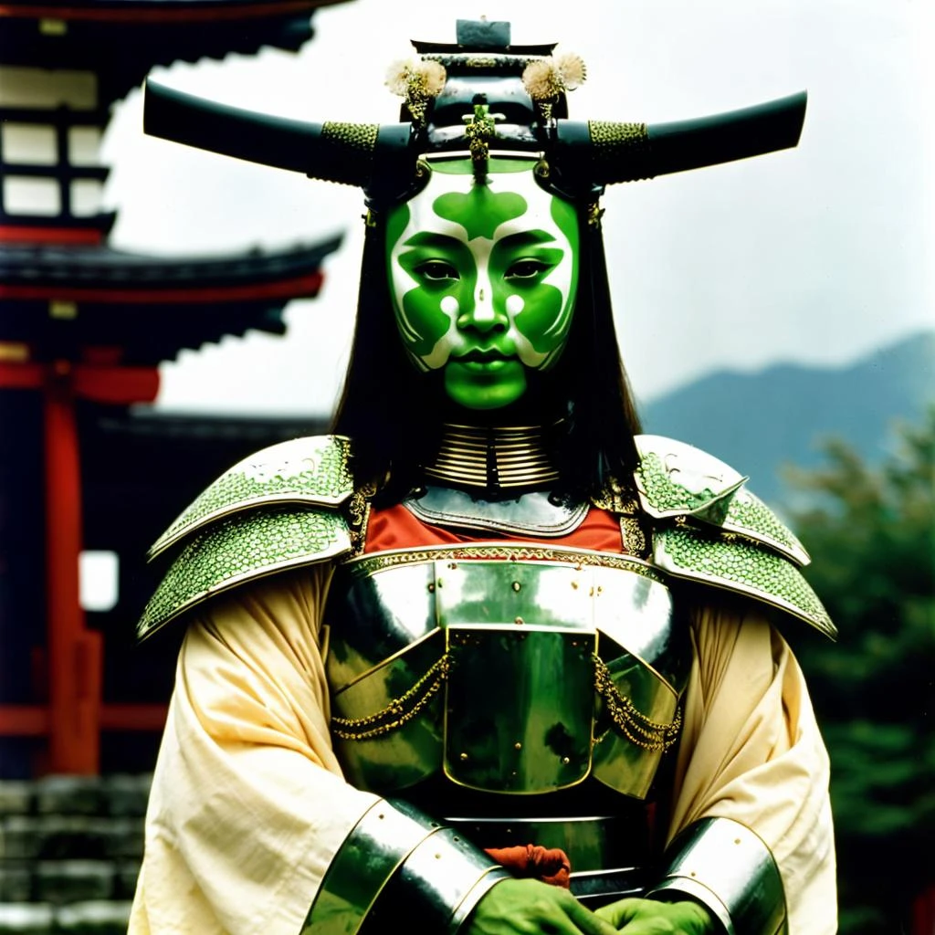 a detailed film still portraying a beautiful japanese woman made of artificial ((green-faced)) ((green plated armor)) having athletic arms, cheek dimples and demon horns ((wearing a samurai armor and breastplate)) amidst a shinto temple scene, by gordon parks. underexposed.