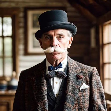 an 8k film still with a remarkably intricate vivid setting portraying an elegant english gentleman having a solemn visage and old-fashioned mustache, wearing a vintage suit and a bowler hat; captured by emily stein amidst a secluded cottage scene.