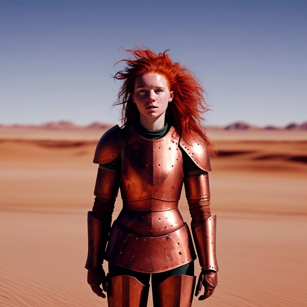 photo of a young woman with freckles and a red-haired mane, wearing a copper armor at a desolate desert, captured by kristin-lee moolman.