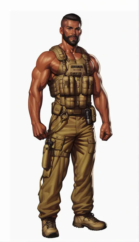 score_9, score_8_up, score_7_up, 1boy, 30 year old, african american man, (brown skin:1.2), handsome man in green military tactical gear, bulletproof vest, BDU fatigues, BDU shirt, army ranger, combat boots, trimmed beard, short black hair, muscled body, concept art, digital art, realistic, wide shot, dynamic pose, <lora:Pony_DetailV1.0:1> <lora:add-detail-xl:1> <lora:ArtgermLycoXL:0.7> <lora:c0rb3nXLP:0.6> c0rb3n <lora:detailed_hands:1> hand, <lora:Tactical_Gear_SDXL:0.7>
