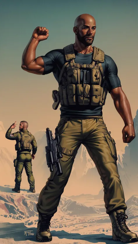 score_9, score_8_up, score_7_up, 1boy, african american man, brown skin, handsome man in green military tactical gear, tactical vest, BDU fatigues, army ranger, combat boots, trimmed beard, short hair, muscled body, office background, concept art, digital art, realistic, wide shot, military pose, <lora:Pony_DetailV1.0:1> <lora:add-detail-xl:1> <lora:ArtgermLycoXL:0.7> <lora:c0rb3nXLP:0.6> c0rb3n <lora:detailed_hands:1> hand, <lora:Tactical_Gear_SDXL:0.7>
