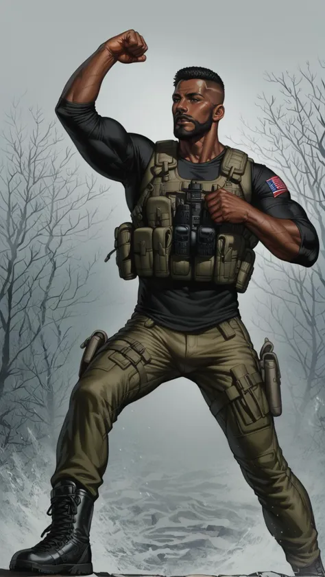 score_9, score_8_up, score_7_up, 1boy, 30 year old, african american man, (brown skin:1.2), handsome man in green military tactical gear, bulletproof vest, BDU fatigues, BDU shirt, army ranger, combat boots, trimmed beard, short black hair, muscled body, concept art, digital art, realistic, wide shot, dynamic pose, <lora:Pony_DetailV1.0:1> <lora:add-detail-xl:1> <lora:ArtgermLycoXL:0.7> <lora:c0rb3nXLP:0.6> c0rb3n <lora:detailed_hands:1> hand, <lora:Tactical_Gear_SDXL:0.7>
